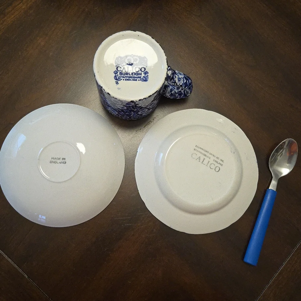 Vtg.Blue Calico Coffee Mug, Saucer, Dessert Plate, Blue Handled Spoon